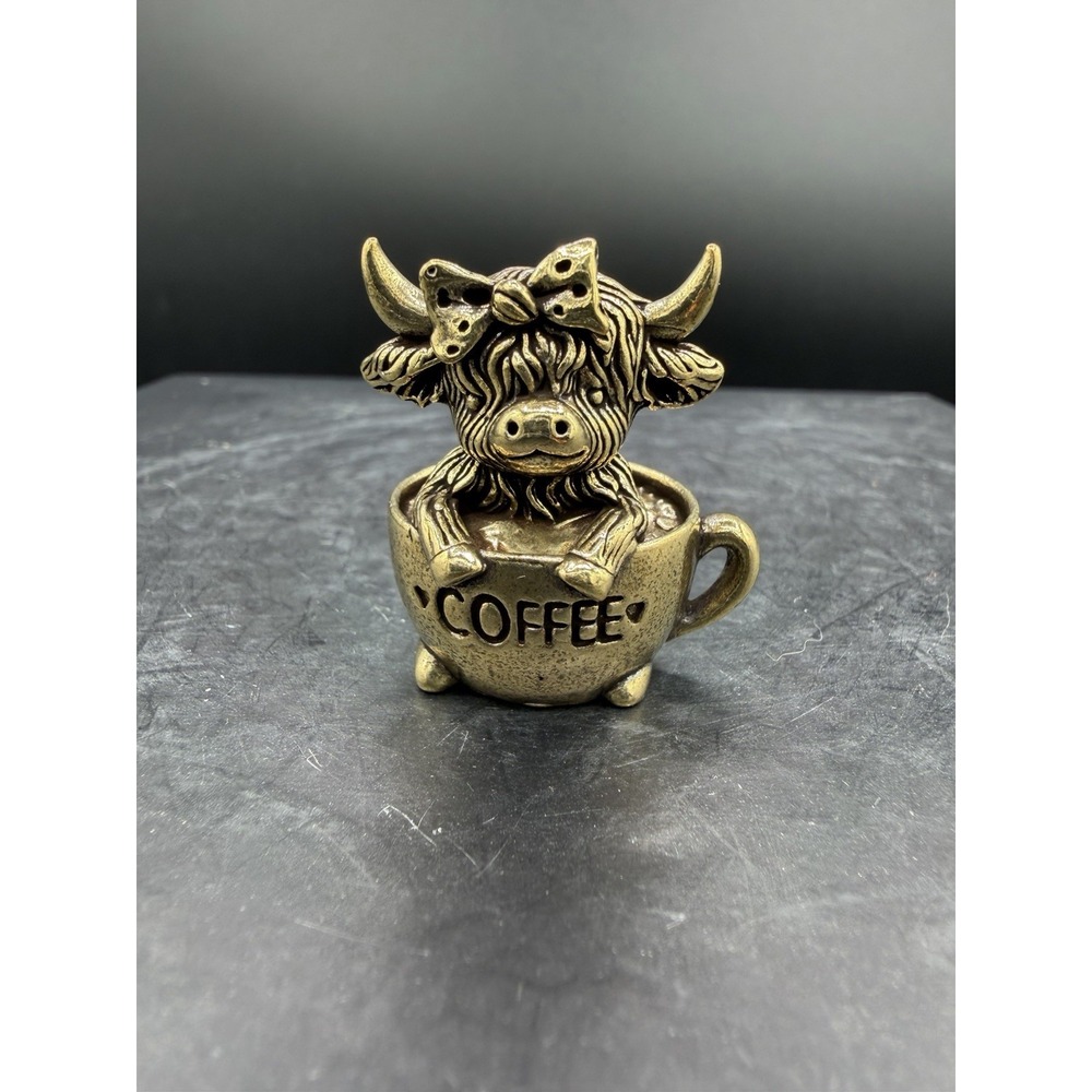 🐮☕ Miniature Brass Highland Cow in Coffee Cup – Cute Figurine ☕🐮
